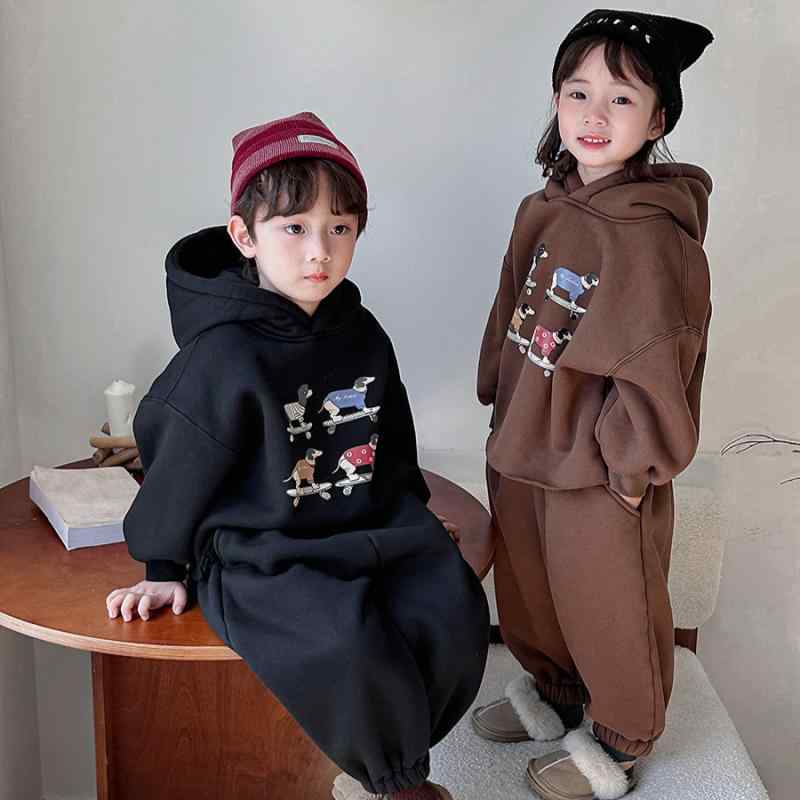 キッズ 男の子 女の子 ベビー セットアップ 秋冬 裏起毛 フード付き スウェット トレーナー 厚手 ジョガーパンツ 2点セット 綿 動物柄 カジュアル 普段着 ルームウェア 防寒 保温