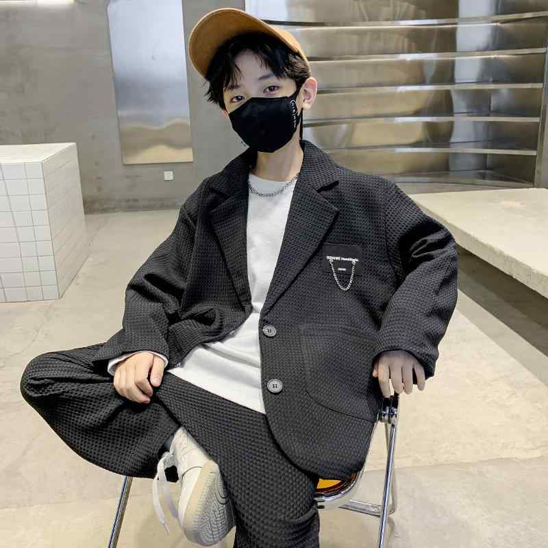 セットアップ 男の子 ジュニア スーツ風 ジャケット パンツ 2点セット 春秋 カジュアル おしゃれ トレンド ポリエステル混紡 柔らかい素材 カーキ ブラック 普段着 お出かけ