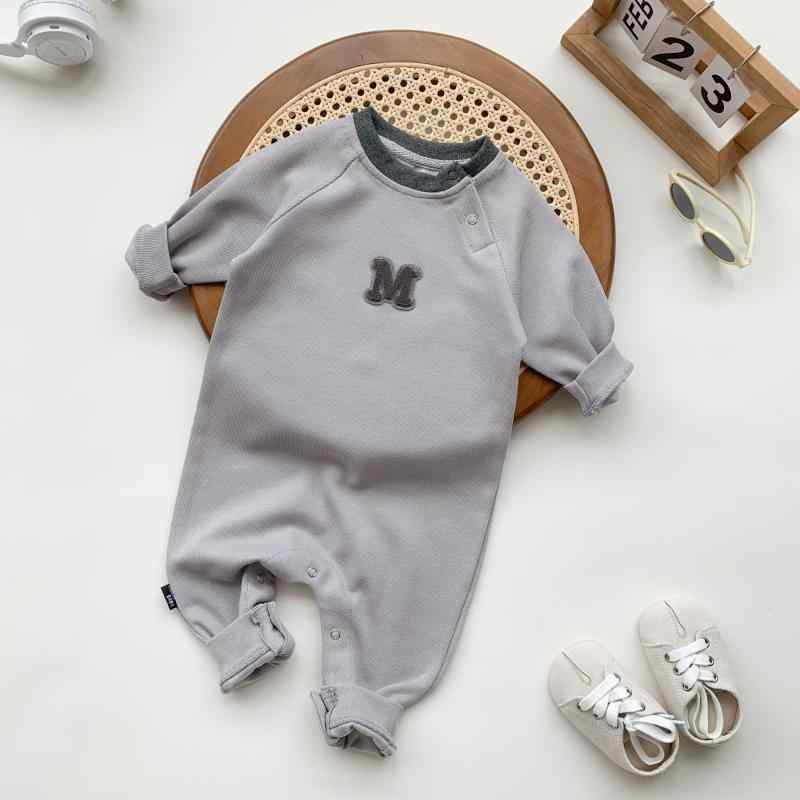 カバーオール ベビー ロンパース 男の子 女の子 新生児 春夏 長袖 ラウンドネック コットン 綿混素材 プルオーバー カジュアル お出かけ 普段使い グレージュ 普通地 着回し ユニセックス