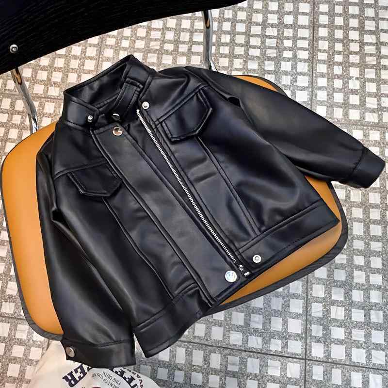 ジャケット キッズ 男の子 女の子 男女兼用 ライダースジャケット PUレザー 合成皮革 革ジャン かっこいい おしゃれ アウター 着回し抜群 春秋 ブラック