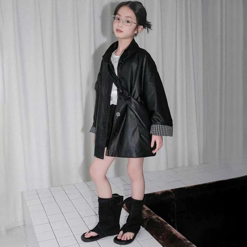 キッズ 女の子 ジャケット 韓国風 チェック柄 切り替え PUレザー おしゃれ 襟付き 長袖 ミドル丈 春秋 カジュアル 普段使い 着回し 柔らかな肌触り