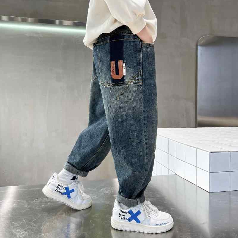 デニムパンツ 男の子 ジュニア キッズ 中大童 春秋 カジュアル 普段使い ロング丈 ゆったり ルーズフィット ジーンズ ジーパン ウエストゴム 韓国風 おしゃれ
