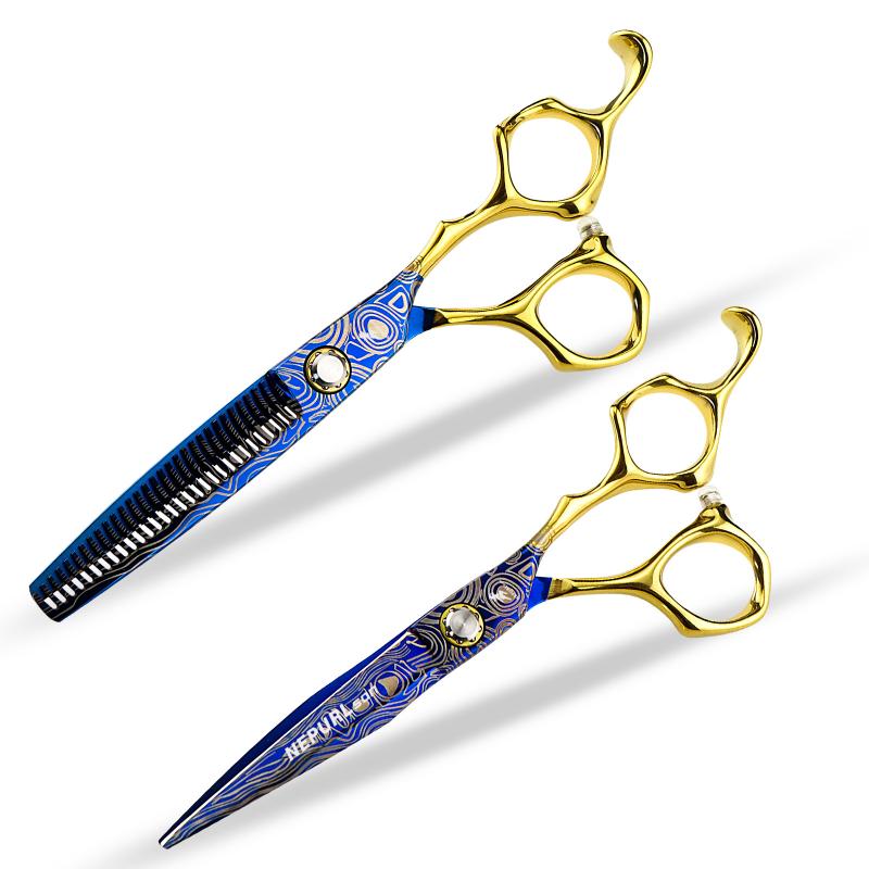 ヘアカットシザー ストレート刃 セニング 前髪用 理髪用 美容用 自宅 セルフカット プロ用 20cm ゴールドハンドル ブルー花柄 クロムバナジウムステンレス鋼製 高耐久