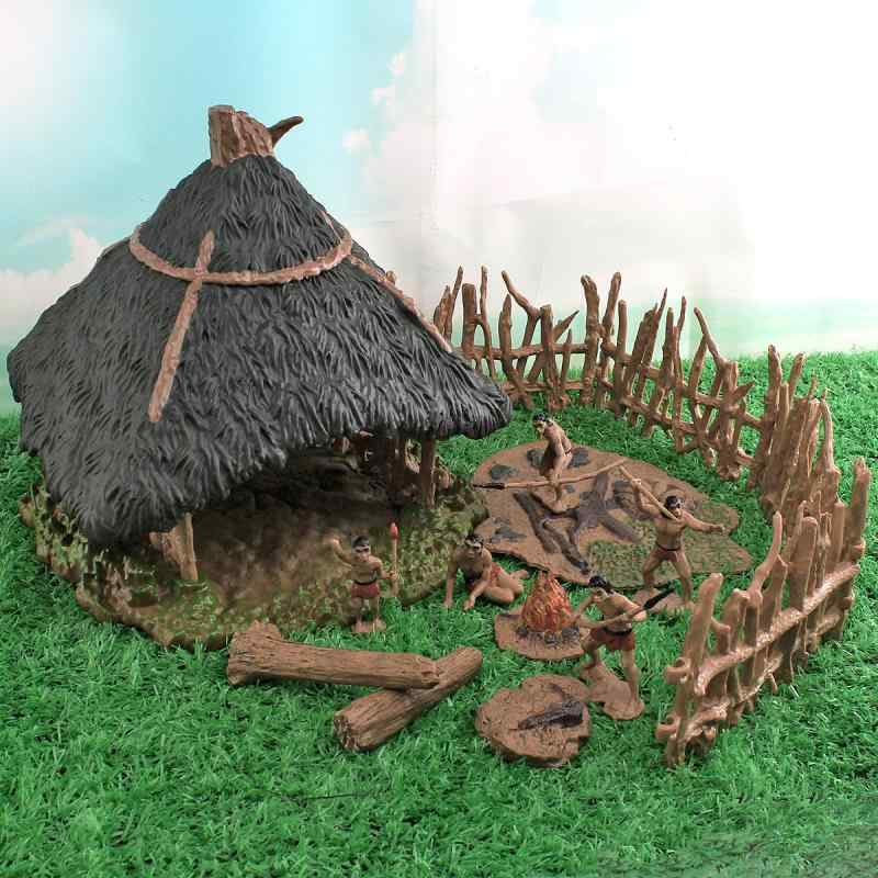ジオラマ 原始人 茅葺き小屋 柵 太古の生活 情景 ミニチュアセット リアル フィギュア ディスプレイ 置物 PVC製 子供向け