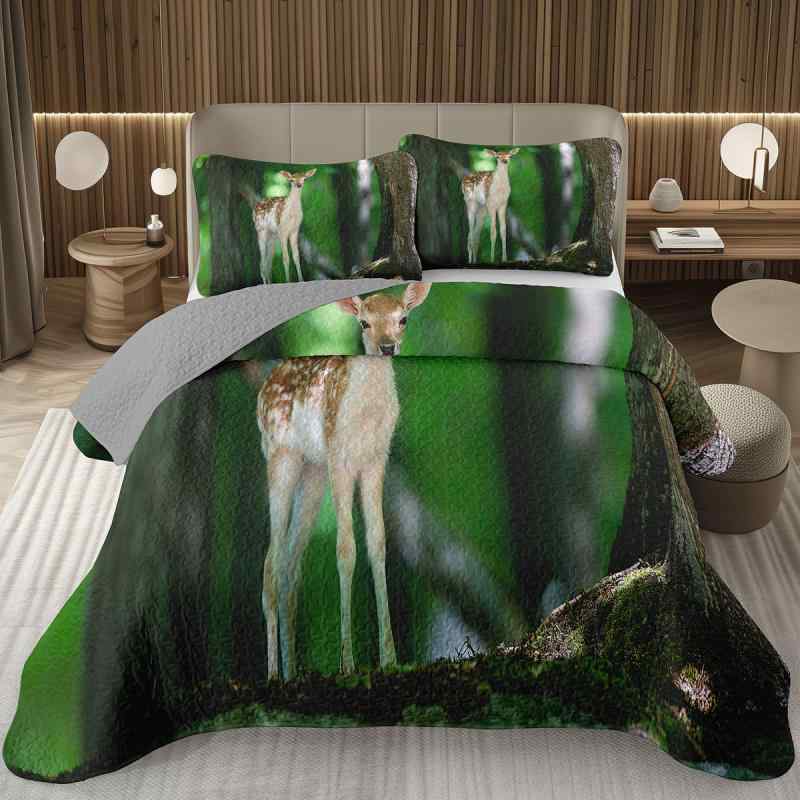 ベッドカバーセット 3点セット キルティング 森の小鹿柄 鹿デザイン 3Dデジタルプリント 高精細 ベッドカバー シーツ 掛け布団カバー 敷き布団カバー 寝具 ベッドリネン 化繊 北欧風 モダン 寝室 インテリア|花りぼん