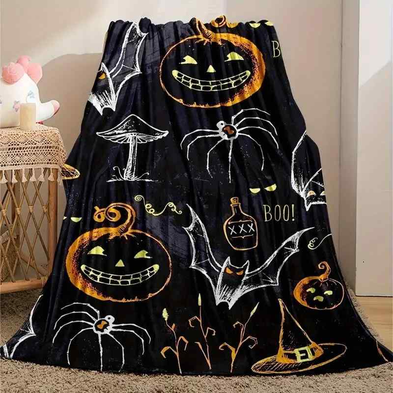 毛布 ハロウィン フランネル ブラック カボチャ柄 パンプキン模様 柔らかい肌触り 心地よい ポリエステル素材 ソファ ベッド リビング 寝室用 マルチカバー 掛け布団 ひざ掛け