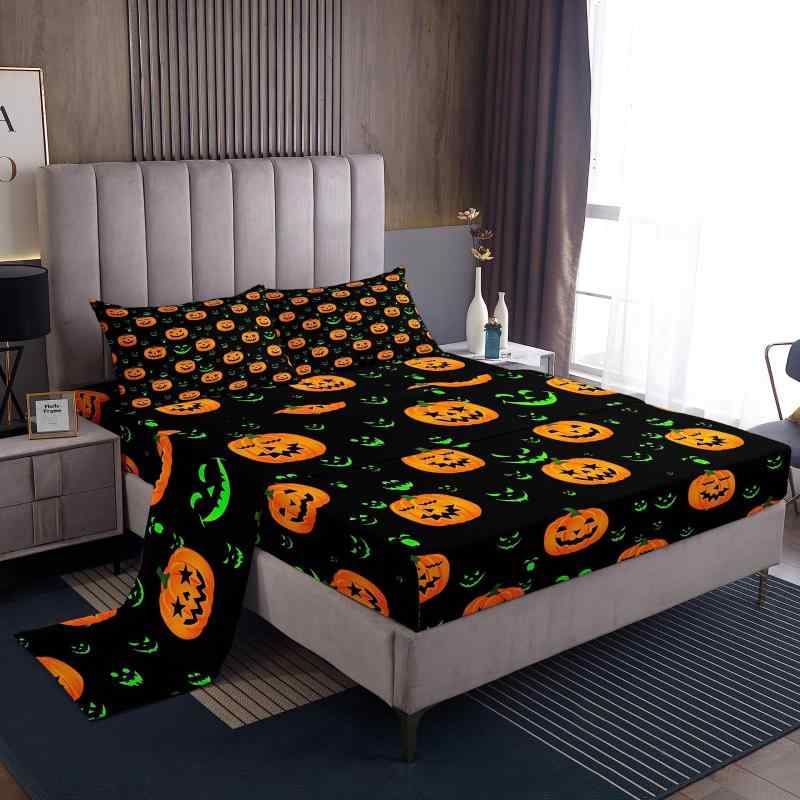 寝具カバーセット ハロウィンテーマ 秋用 4点セット ボックスシーツ アニメ柄 デジタルプリント 起毛加工 化学繊維 ベッドルーム 寮 快適 敷布団カバー