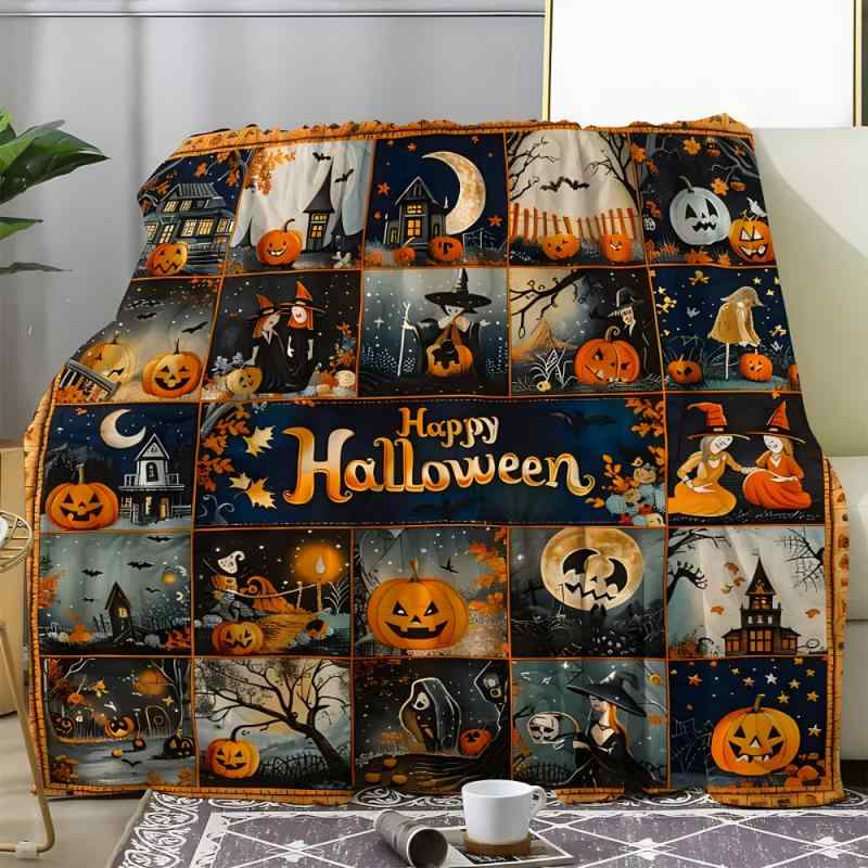 ブランケット フランネル ハロウィン カボチャ コウモリ キャッスル パッチワーク柄 ひざ掛け スローケット お昼寝ケット ポリエステル 秋冬 リビング インテリア おしゃれ