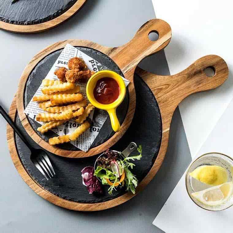 プレート 北欧 和風 木製 天然石 丸型 ステーキ皿 バーベキュー ピザ カフェ レストラン ホテル 業務用 洋食器 家庭用 おしゃれ アカシアウッド トレイ 自然な風合い