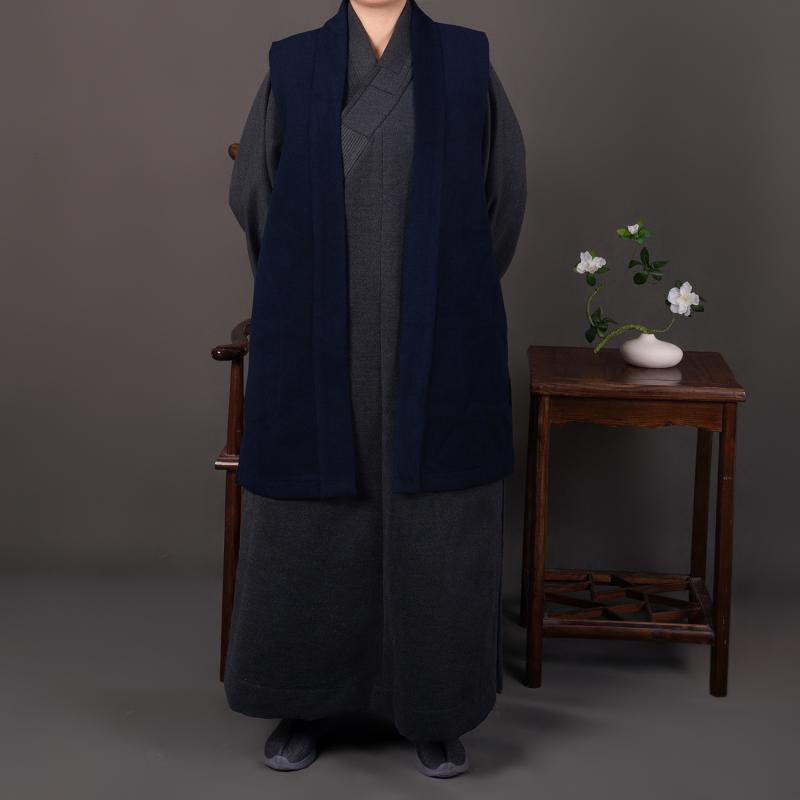ベスト 禅 僧侶服 居士服 座禅 瞑想 中綿入り ダブルフェイスフリース 両面起毛 マフラー付き ネックウォーマー一体型 ミドル丈 セミロング丈 保温性 暖かい 秋冬