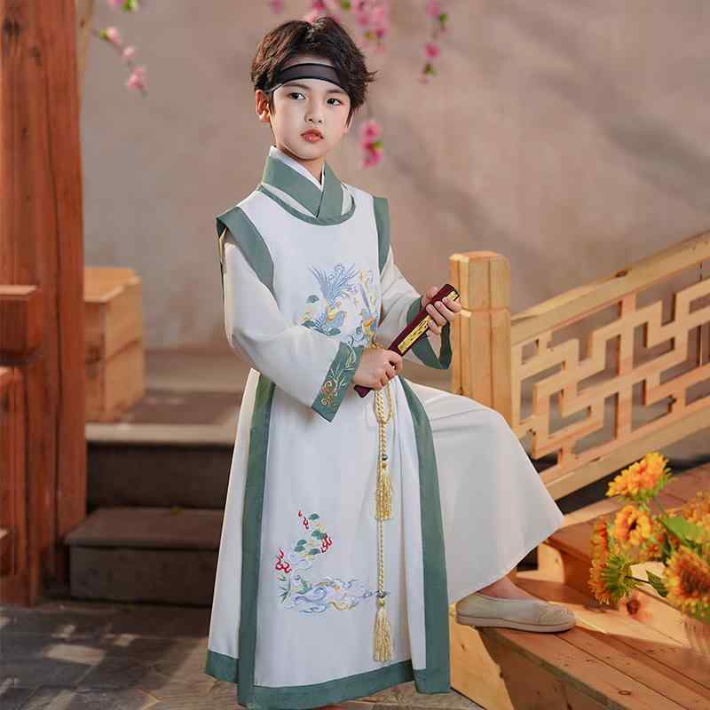 唐装 男の子 子供 中国風 改良 漢服 古装 刺繍 ラウンドネック 袍 セットアップ ベージュ ポリエステル 柔らか加工 かわいい トレンディ 春秋 カジュアル 普段使い イベント 発表会 民族衣装