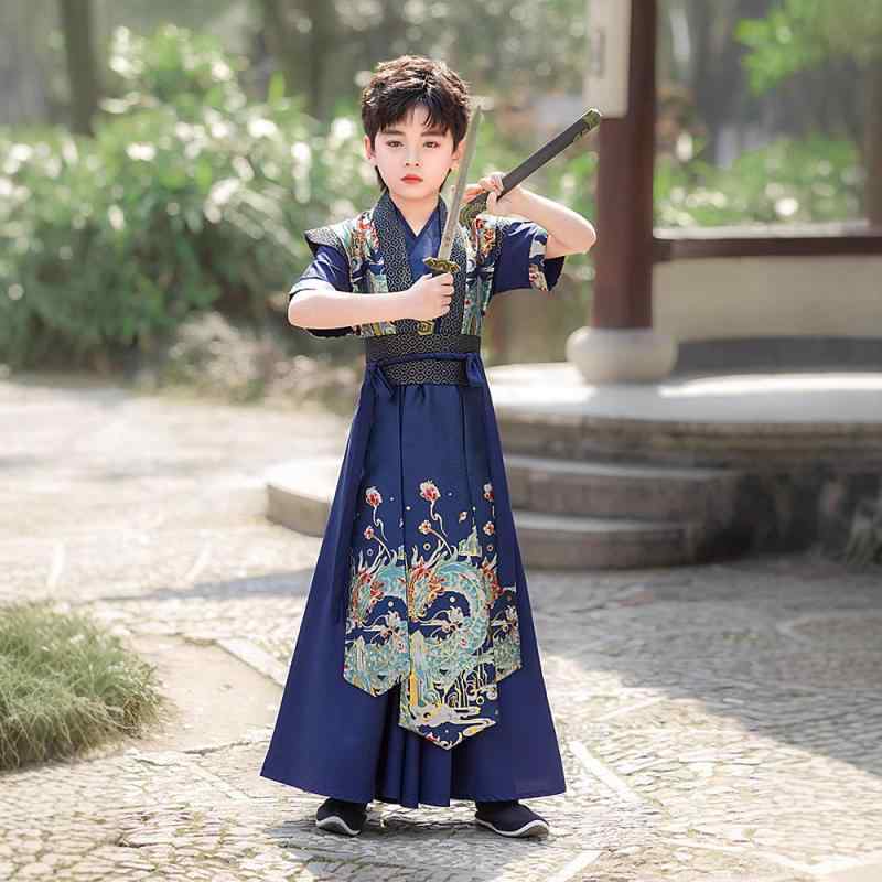 キッズ 男児用 唐装 漢服 古風 中国服 民族衣装 国学服 春夏 半袖 薄手 軽量 ポリエステル ストライプ柄 柔らかな肌触り 普段使い イベント 発表会 記念撮影