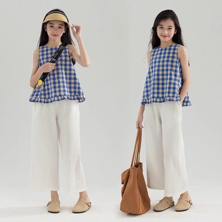 セットアップ キッズ 女の子 ガールズ 春夏 上下セット 子供服 ノースリーブ チェック柄 トップス ゆったり 綿 コットン ブルー系 ホワイト 九分丈 ワイドパンツ UVカット 涼しい 薄手 通学 普段着 カジュアル おしゃれ