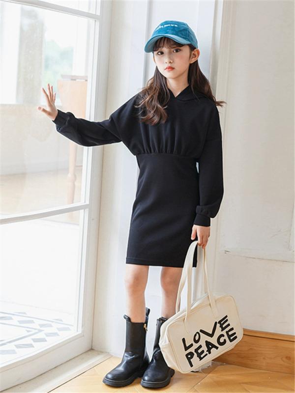 ワンピース キッズ 女の子 ジュニア スウェットワンピース パーカー 長袖 無地 ソリッドカラー Aライン 親子コーデ 綿 コットン 柔らか 肌触り 韓国ファッション おしゃれ トレンド 春秋 黒 普段使い お出かけ