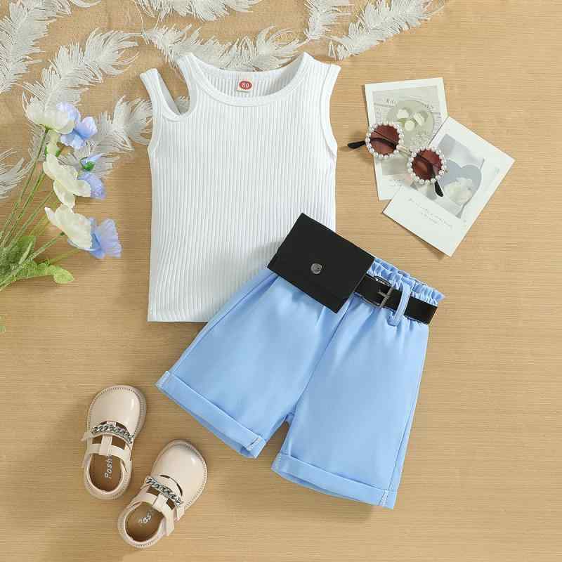 キッズ 女の子 セットアップ ホルターネックトップス ショートパンツ ウエストポーチ 3点セット 夏服 コットン ノースリーブ 欧米風 カジュアル 小学生 女児 お出かけ 普段使い リゾート