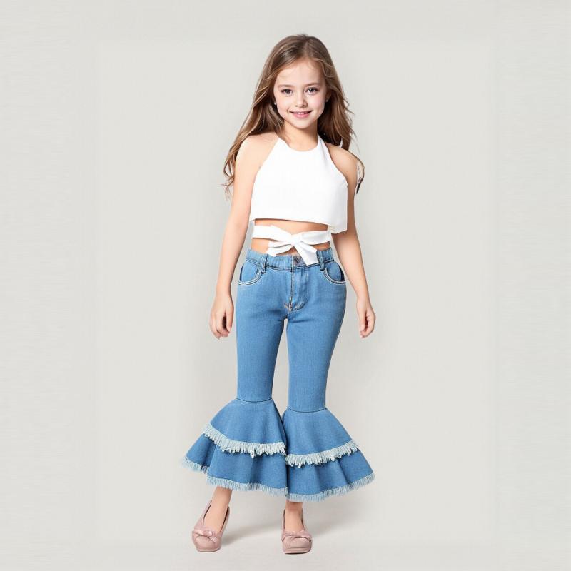 キッズ 女の子 セットアップ ホルターネックトップス デニムフレアロングパンツ ノースリーブ カジュアル 普段着 綿混紡 春夏 2点セット ホワイト