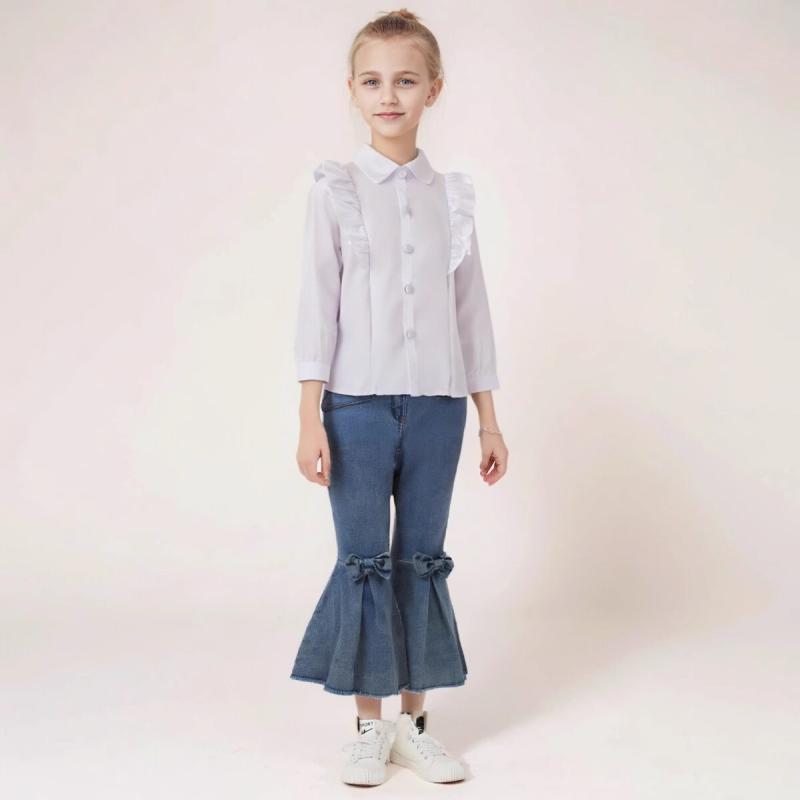 セットアップ 女の子 キッズ 子供服 長袖 ハイネック ブラウス 無地 シングルボタン トップス デニム フレアパンツ ジーンズ 長ズボン 綿素材 上下セット ツーピース 春秋