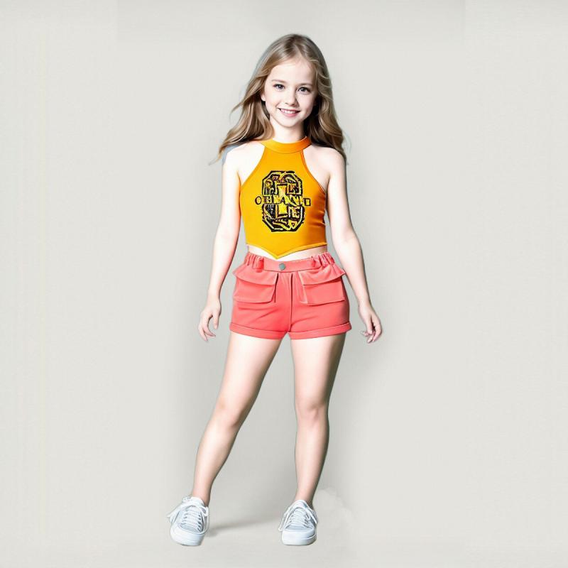 子供服 女の子 セットアップ ホルターネック タンクトップ トップス 英字プリント デニム ショートパンツ ボトムス 2点セット 春夏 綿 カジュアル 普段使い 遊び着