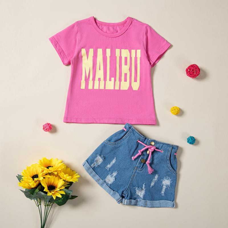 女児 キッズ セットアップ 子供服 春夏 半袖 アルファベット トップス ダメージ デニム ショートパンツ 2点セット コットン 綿 カジュアル かわいい 普段着 お出かけ 通園 通学 動きやすい 4,225円
