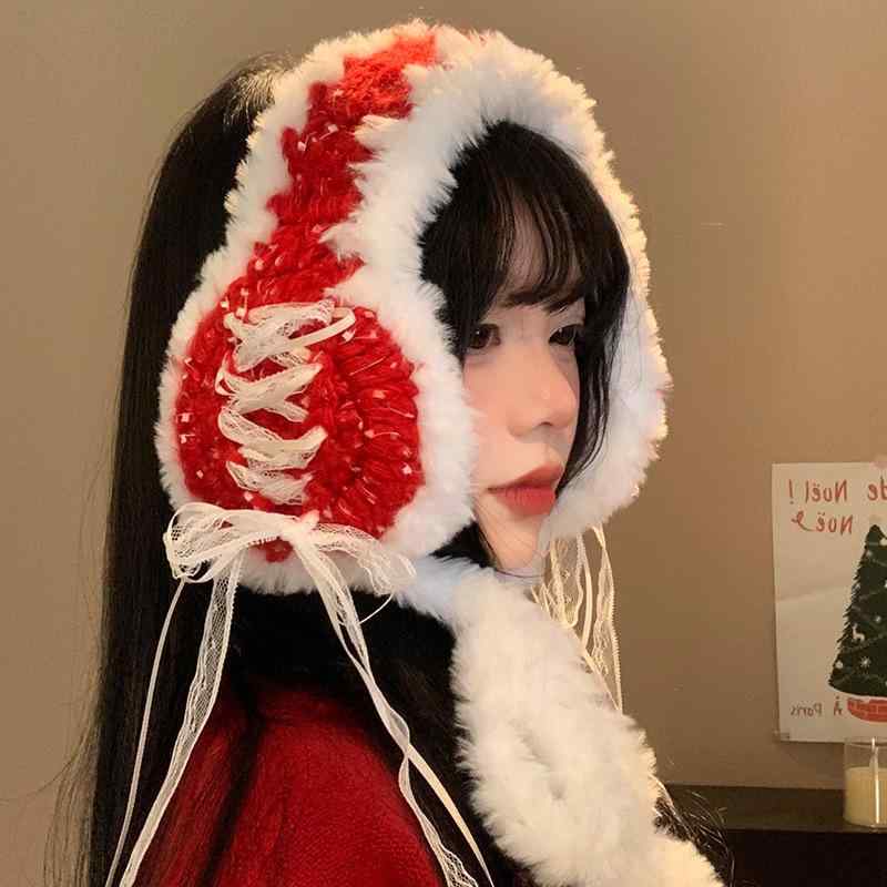イヤーマフ レディース 赤 レース リボン ニット かわいい 冬 クリスマス 耳あて 裏ボア 防寒 暖かい 通気性 防風 女性用 おしゃれ カジュアル ファッション小物