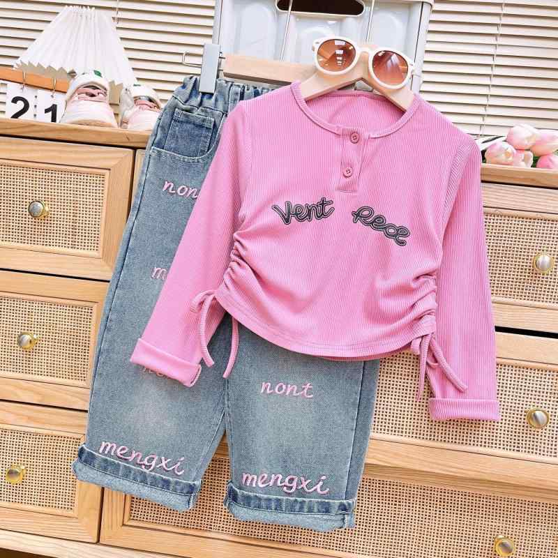 セットアップ キッズ 女の子 かわいい ドロスト 長袖Tシャツ ロゴ刺繍 デニムパンツ 長ズボン 上下セット 柔らかい 韓国ファッション 普段使い ローズピンク 秋冬
