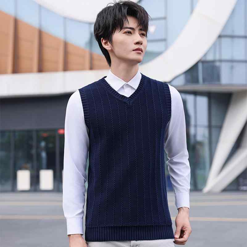 ニットベスト メンズ 秋冬 韓国風 Vネック 無地 波柄 ジャカード織り コットン 綿100% レギュラーフィット カジュアル デイリーユース ロイヤルブルー マスタード ベージュ