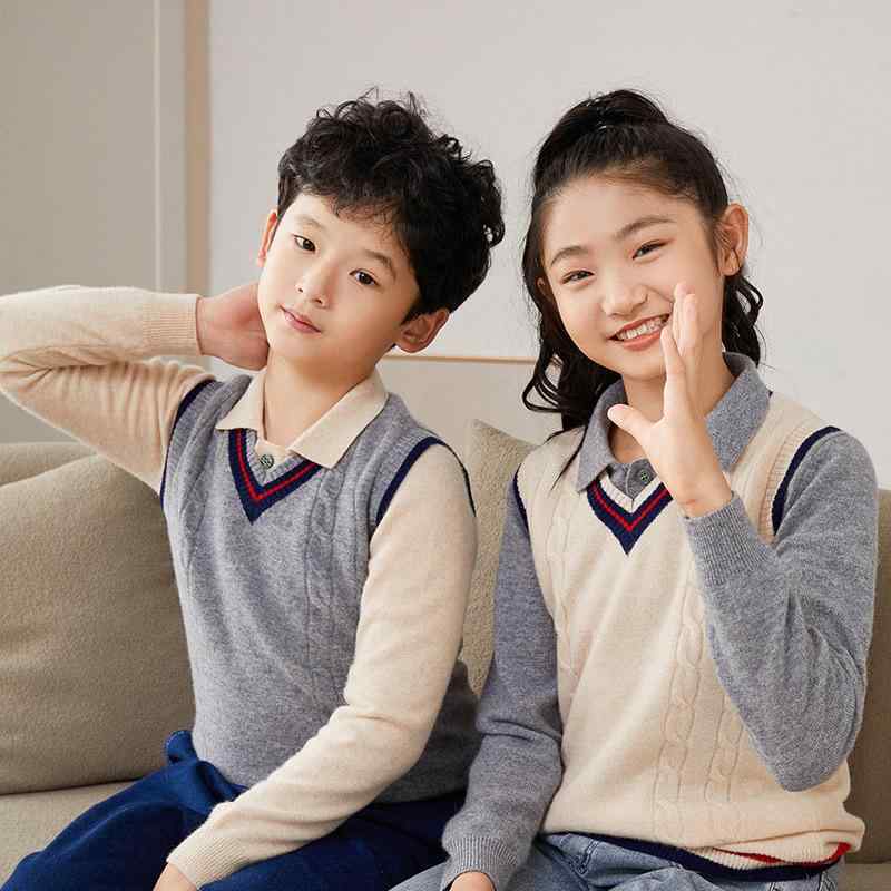 ニットベスト キッズ 男の子 女の子 小学生 中学生 ジュニア 秋冬 無地 スクール風 カレッジ風 通学 通園 ウール 羊毛 柔らかな肌触り プルオーバー ベージュ グレー