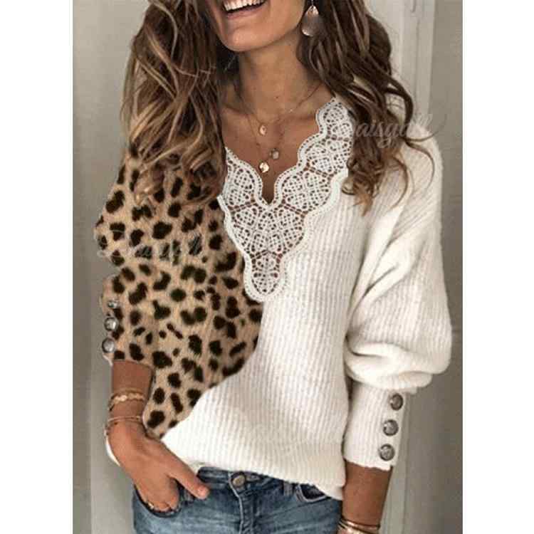 ニット レディース 女性用 秋冬 ヒョウ柄 レース Vネック ゆったり 長袖 ロングスリーブ ランタンスリーブ 切り替え ミドル丈 トップス ポリエステル スパンデックス カジュアル デイリー 通勤 オフィス