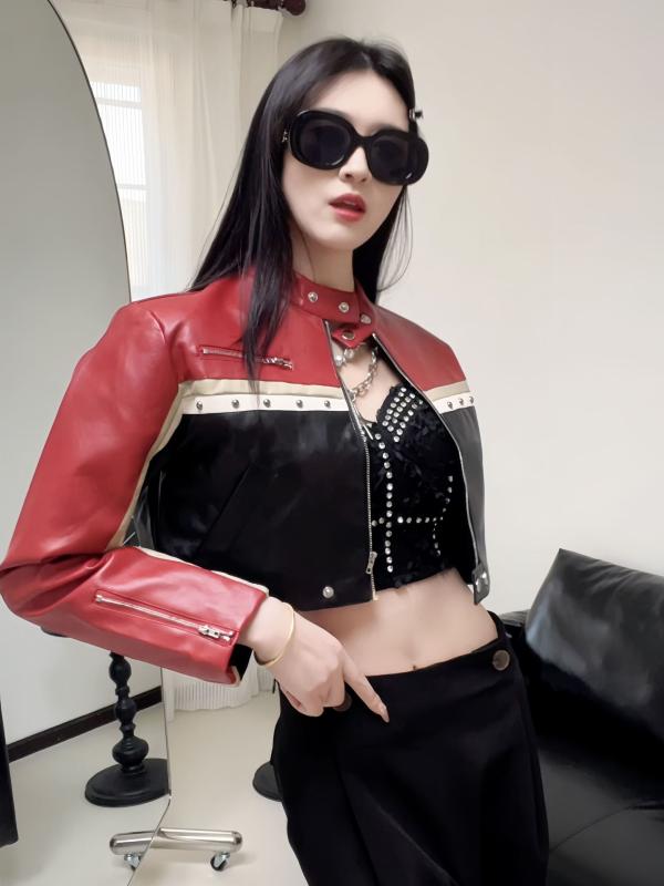 フェイクレザー ジャケット レディース ショート丈 クロップド丈 スタンドカラー 配色切り替え バイカラー ギャル風 セクシー ストリート ルーズフィット 長袖 バイカー風 春夏