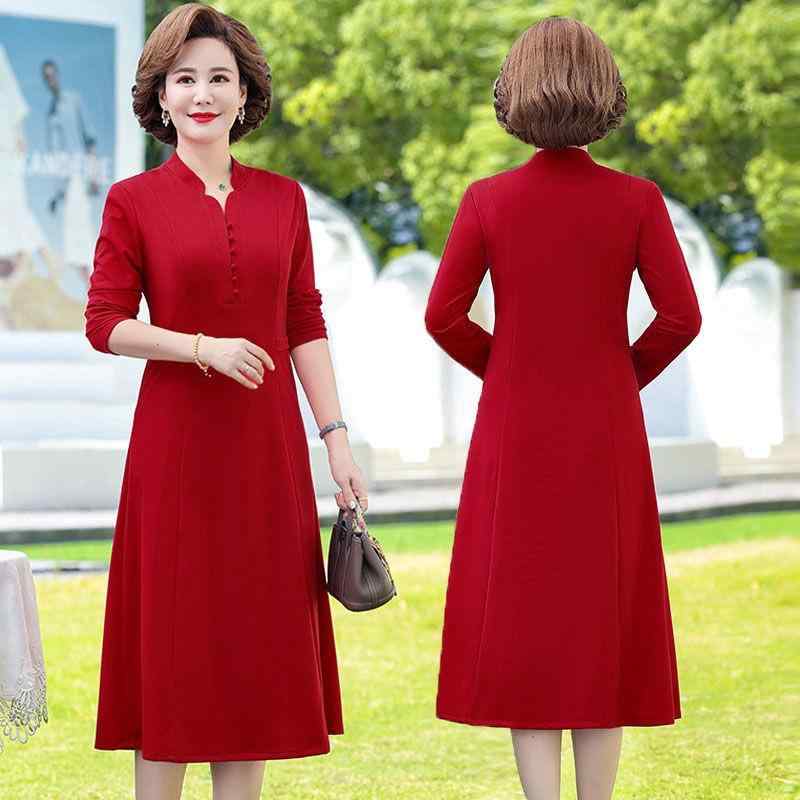 ワンピース レディース ママ ミセス 女性用 エレガント 上品 ドレッシー Aライン Vネック 長袖 ミモレ丈 体型カバー ゆったり 結婚式 フォーマル お呼ばれ パーティー 普段使い 春秋 ポリエステル レッド ブラック ワインレッド