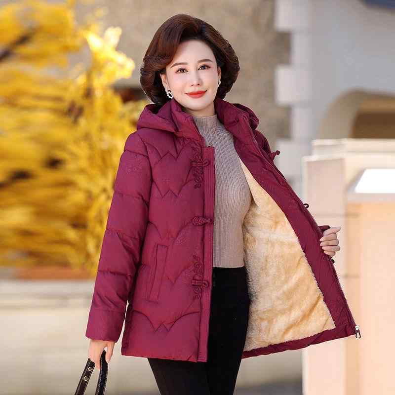 中綿コート レディース 婦人 ママ 母親 ミセス ミドル丈 フード付き 長袖 プリント柄 裏起毛 厚手 暖かい 防寒 保温 ポリエステル 上品 きれいめシルエット 通勤 オフィス 普段使い 秋冬 パープル ワインレッド アウター