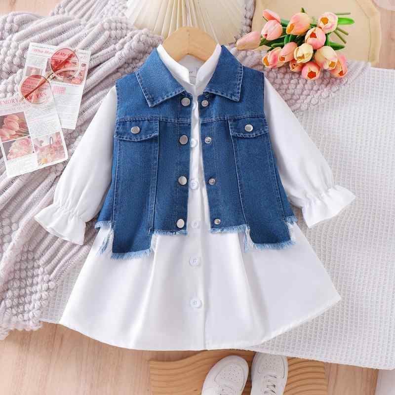 セットアップ キッズ 女の子 ガールズ 子供服 秋冬 スタンドカラー 長袖 シャツワンピース アシンメトリー デニム ベスト ジレ 2点セット カジュアル 普段着 ホワイト