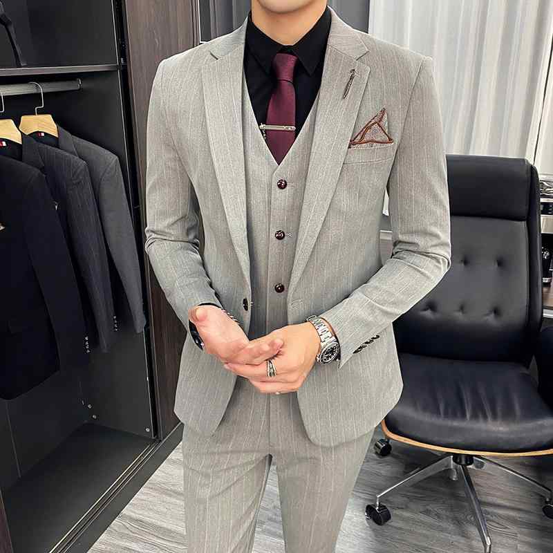 スーツ メンズ ストライプ柄 スリーピース 韓国ファッション ビジネス カジュアル オフィス 通勤 結婚式 披露宴 フォーマル パーティー スリムフィット 細身 ジャケット スラックス ベスト 綿混 春秋 ブラック グレー系