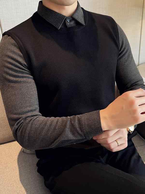ニット メンズ 男性用 秋冬 フェイクレイヤード シャツ襟 厚手 高級感 スリムフィット ビジネス オフィス 通勤 カジュアル 普段使い 吸湿速乾 高伸縮性 セーター ノーアイロン イージーケア ブラック グレー ブラウン系 ウール調素材