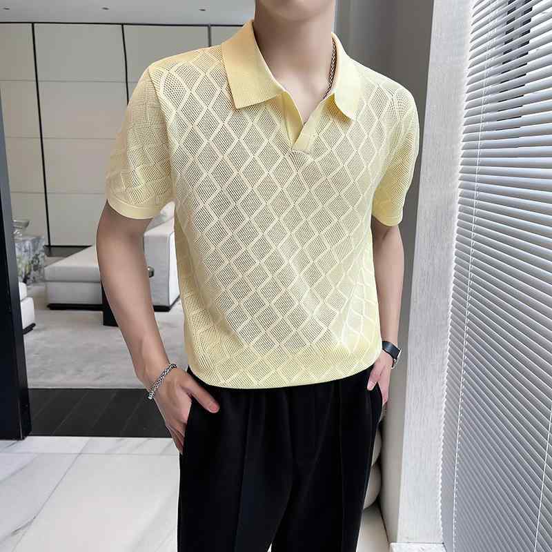 ポロシャツ メンズ 夏物 半袖 襟付き 菱形柄切り替え ストレッチコットン 綿混 ビスコース再生繊維 薄手 通気性 伸縮性 アイロン不要 カジュアル 男性用 スタイリッシュ