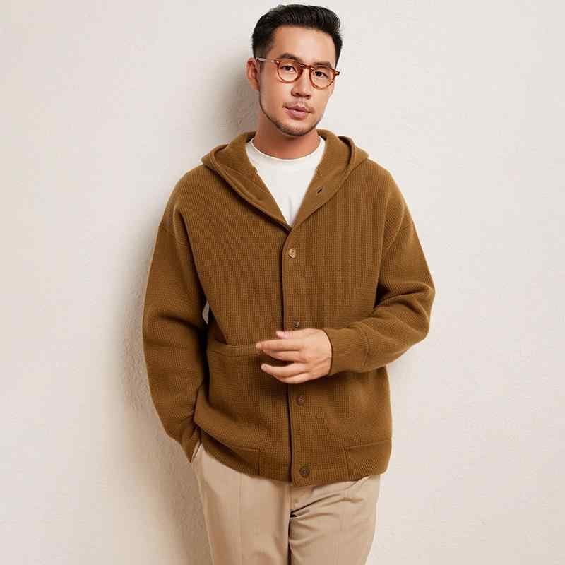 カシミールスウェーター メンズ 成人男性用 純カシミール 100% 秋冬 朦々たる ボンネット付き添い人 名取り草付き添い人 前食い違い 衣嚢付き添い人 編み物ジレー アウター 羽織り 心地よい 御前上等感 赤銅色系 緑であること系
