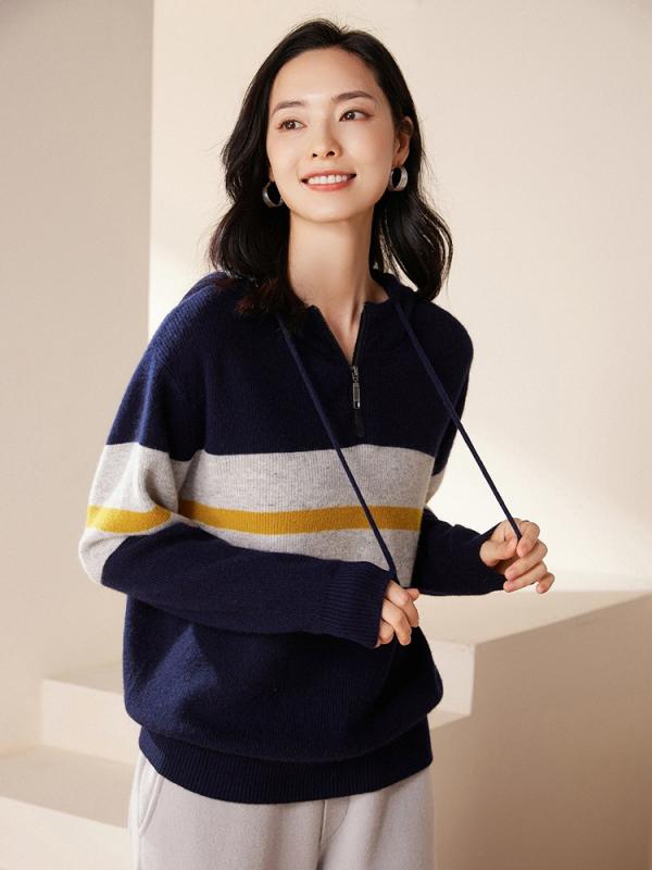 ニット レディース 女性用 100%純カシミヤ 上質 秋冬 フード付き 切り替え ジップアップ カーディガン ミドルゲージ レギュラーフィット 通勤 オフィス きれいめ 普段使い シワになりにくい イージーケア