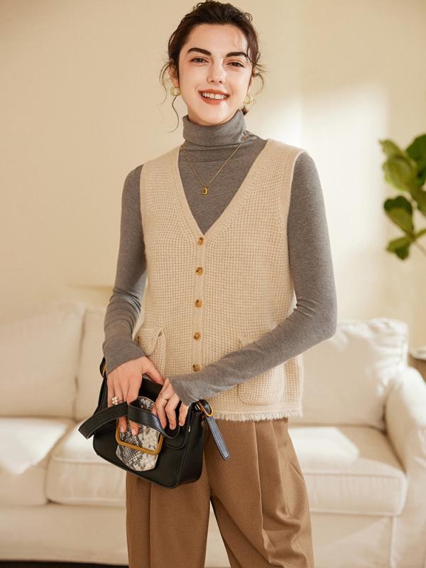 ベスト レディース カシミヤ100% 純カシミヤ ニット トップス 秋冬 Vネック 厚手 ボタン付き ポケット付き 無地 上品 エレガント 通勤 オフィス 重ね着 ジレ オートミール パープル系 女性用
