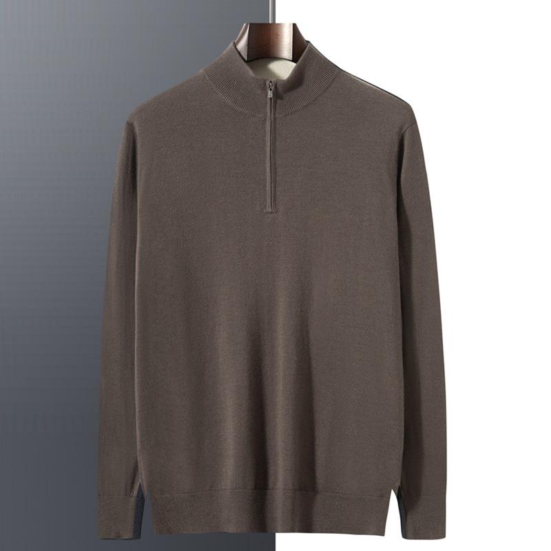 ニット メンズ 100%カシミヤ 秋冬 ファスナー ジップ ハイネック モックネック 長袖 セーター 薄手 上質 トップス ビジネス カジュアル 普段使い 通勤 ノーアイロン グレー ダークブラウン