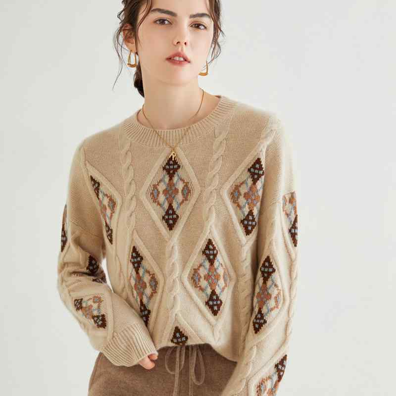 ニット レディース カシミヤ 純カシミヤ クルーネック 丸首 花柄編み込み ケーブル編み 長袖 厚手 ゆったり オーバーサイズ 秋冬 通勤 オフィス オートミール トップス