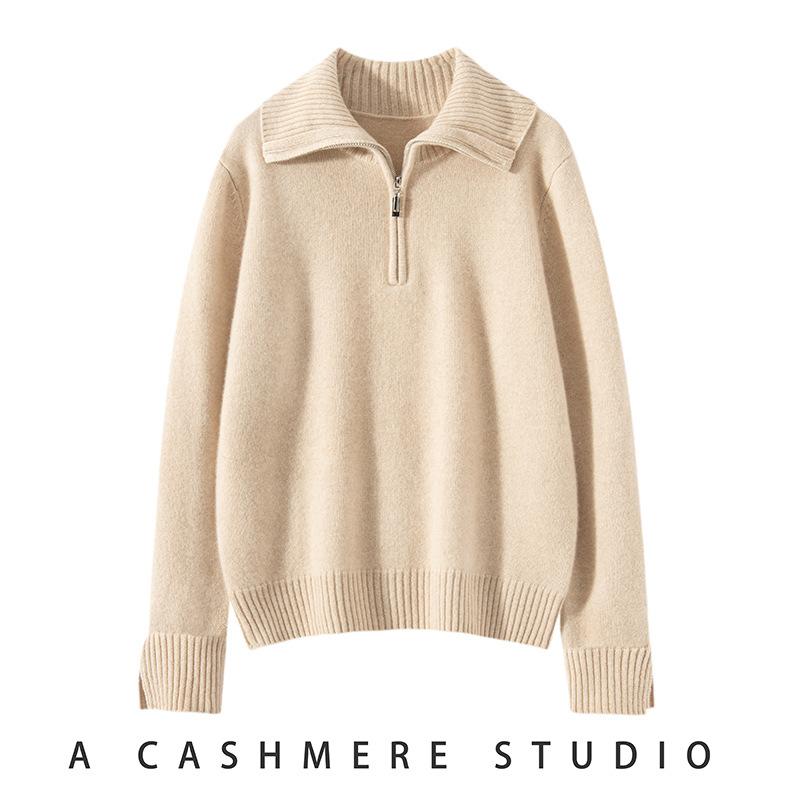 ニット レディース カシミヤ100% ハーフジップ ポロ襟 長袖 スリット入り 厚手 ゆったり 無地 プルオーバー 秋冬 通勤 オフィス 高級感