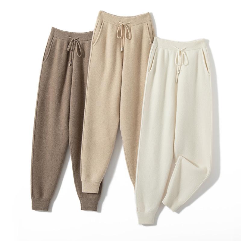 パンツ レディース 女性用 カシミヤ100% 秋冬 厚手 ハイウエスト ポケット付き スキニー テーパード ベーシック カジュアル 普段使い 通勤 ストレッチ パープル ベージュ アイボリー