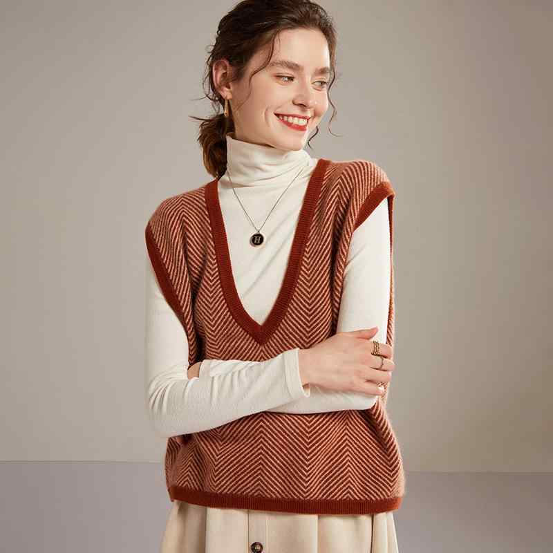 より良い レディース お上さん用 Vのど首 100%カシミール 編み物 ティーシャツ レトロ ヴィンテージ ノースリーブ 重ね着 花の冠yd トップス 通い 執務室 心地よい 秋冬 バイ色合い