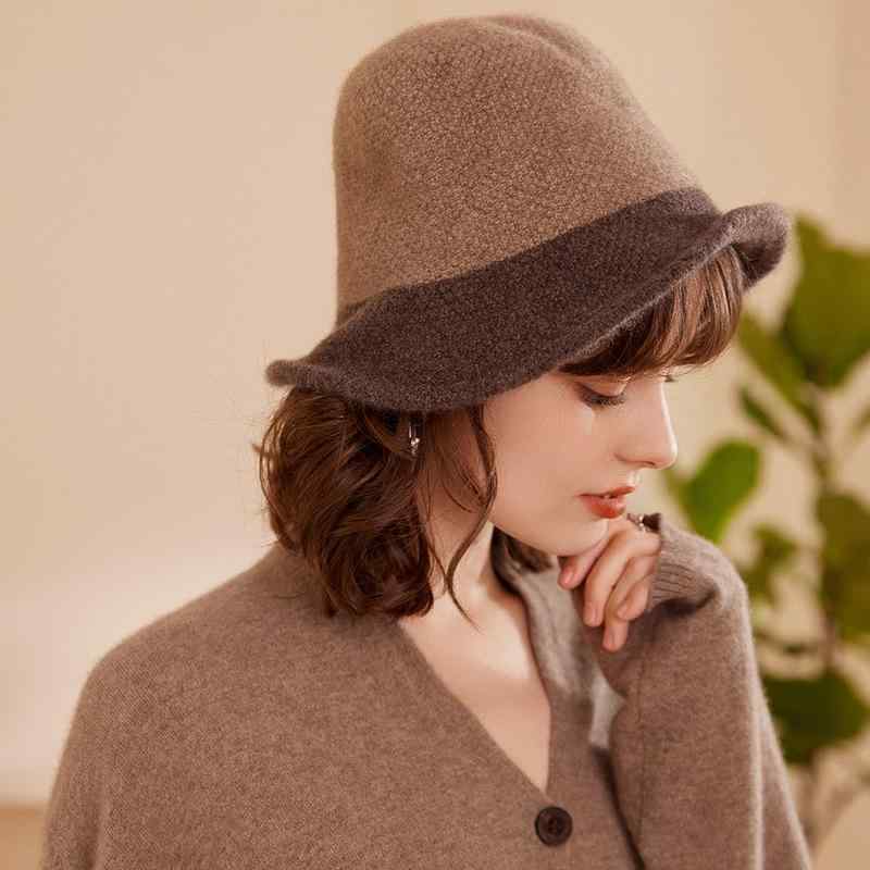 帽子 レディース 100%純カシミヤ 厚手 切り替え ニット つば広 ハット 保温 秋冬 おしゃれ 着回し 普段使い 通勤 日よけ モカ オートミール ブラック ファッション|花りぼん