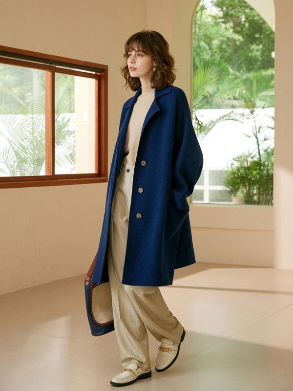 コート レディース カシミヤ100% 秋冬 セミロング丈 テーラードカラー ニットガウンアウター スモーキーブルー 高級感 保温 通勤 オフィス 普段使い きれいめ|花りぼん
