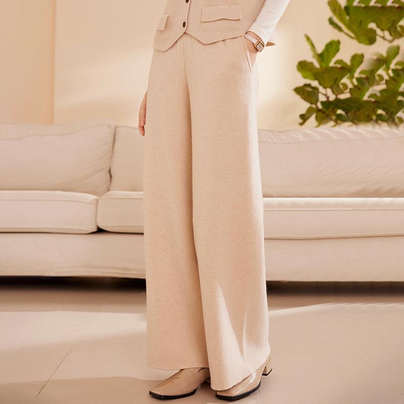 ニットパンツ レディース カシミヤ100% ハイウエスト ストレート ルーズフィット ロング丈 ゆったり カジュアル 普段使い オフィス 通勤 リラックスウェア 秋冬 ストレッチ ポケット付き｜花りぼん