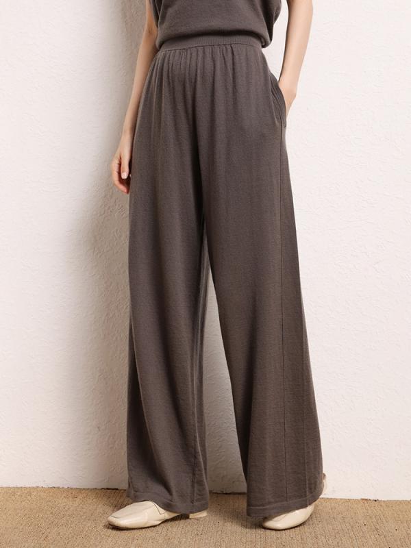パンツ レディース 純カシミヤ ニット 薄手 ワイドパンツ ハイウエスト 上質 軽量 オフィス 通勤 カジュアル 普段使い 着回し 春秋 モカブラウン グレージュ ブラック