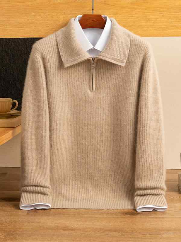 カシミヤセーター メンズ 秋冬 100%カシミヤ ハーフジップ プルオーバー 厚手 長袖 片畦編み ゆったり 立ち襟 上品 カジュアル 普段使い 防寒 保温 お手入れ簡単 ライトキャメル ミドルグレー