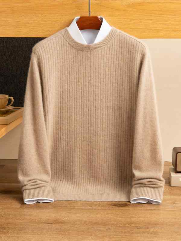 セーター メンズ 男性用 シンプル ベーシック クルーネック ゆったり ルーズフィット 無地 厚手 防寒 リブ編み 100% カシミヤ ニット インナー トップス カジュアル 普段着 秋冬