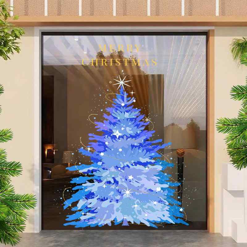 ウォールステッカー クリスマス 静電気式 はがせる 青いクリスマスツリー ショーウィンドウ 窓ガラス ドア 店舗 商業施設 デコレーション おしゃれ かわいい 装飾 飾り 雰囲気作り PVC製 クリアカラー